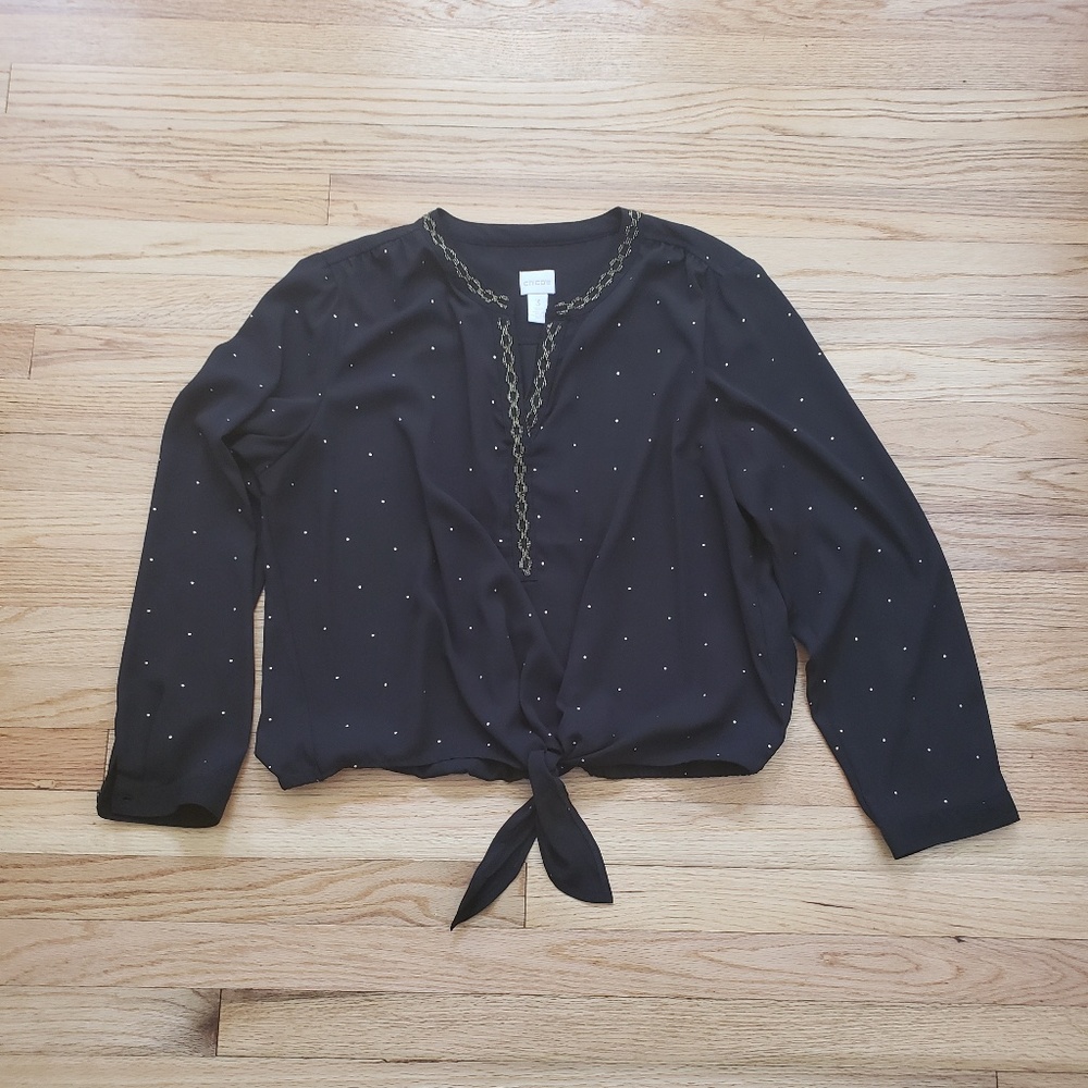 Chico's Embellished Black Gold Tie Blouse